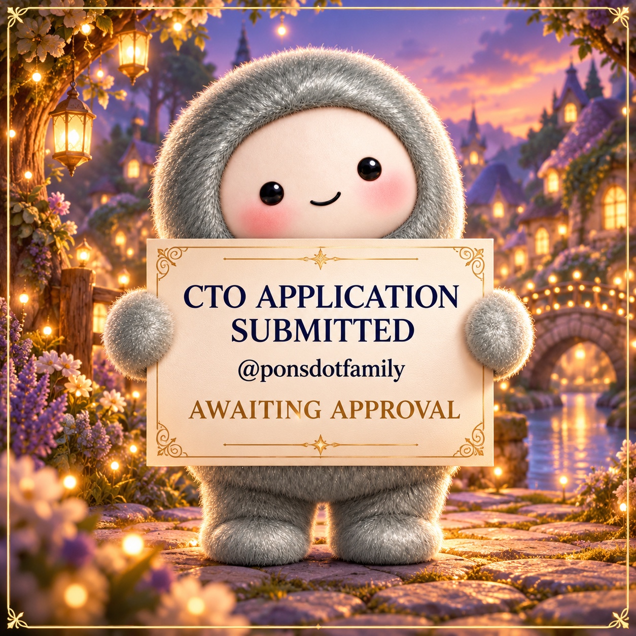 PONS MUSE holding a sign reading CTO application submitted to @ponsdotfamily, awaiting approval