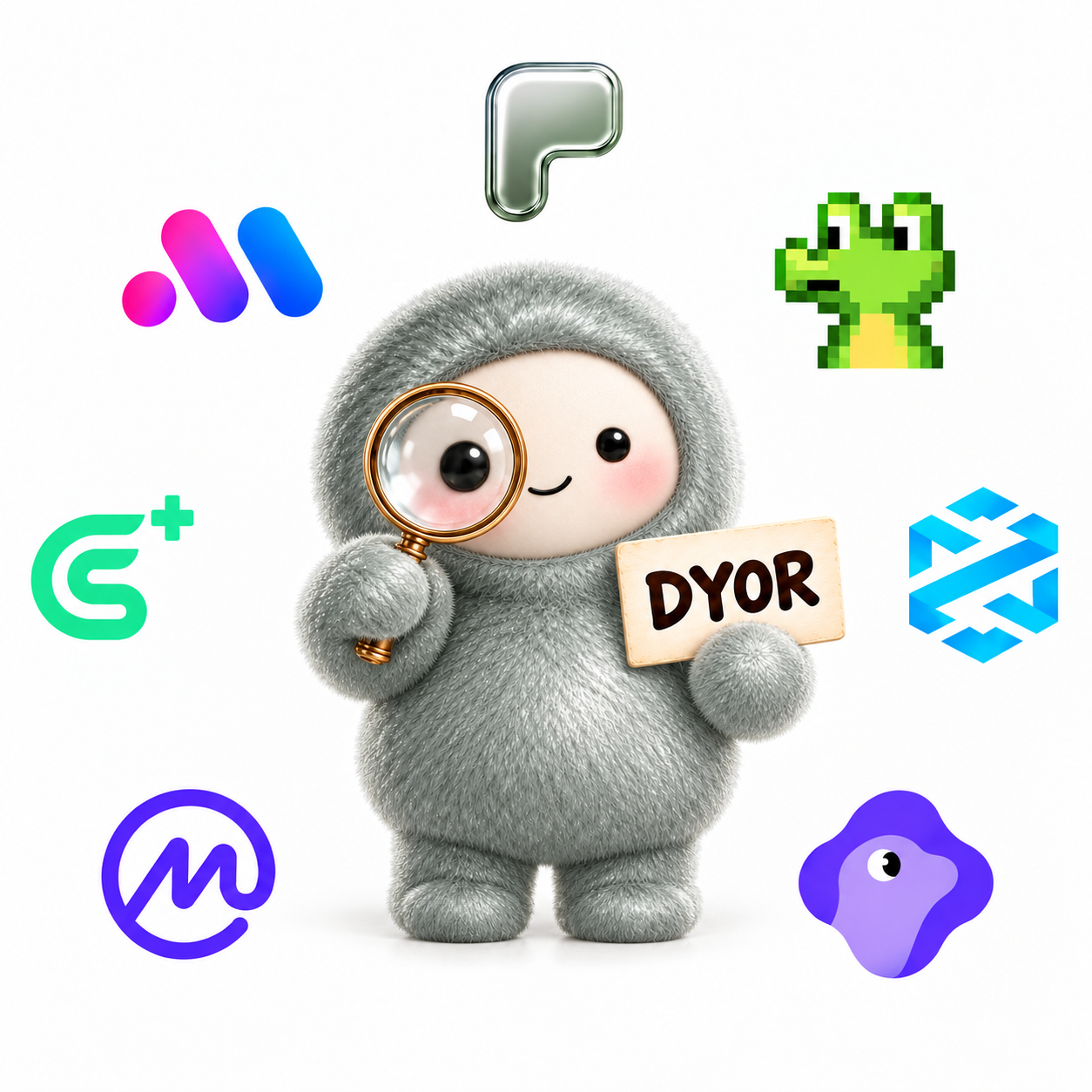 PONS MUSE looking through a magnifying glass that enlarges one eye, holding a DYOR sign beside token research platform logos