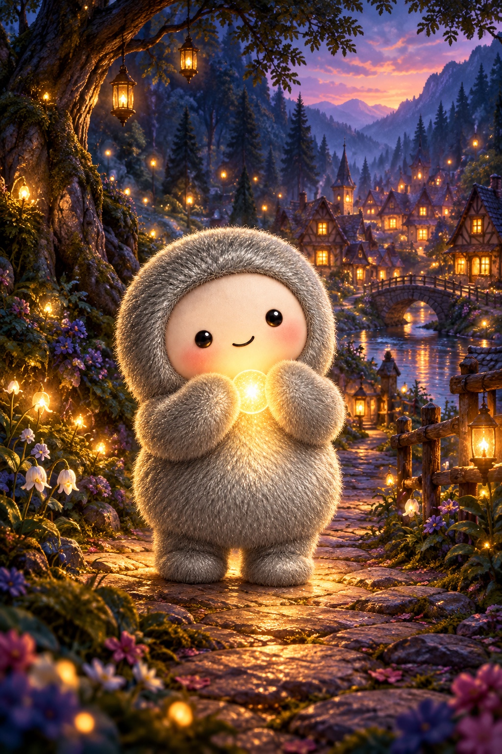 Silver PONS MUSE holding a glowing light on a path toward a warmly lit woodland village